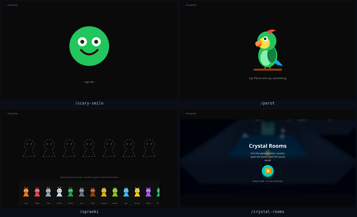 The four games as they look in production: Scary Smile, Perot the parrot, Spranki, and the Crystal Rooms 3D start screen